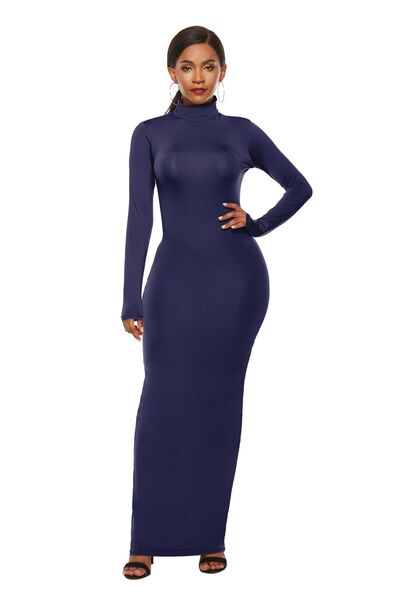 Mock Neck Long Sleeve Maxi Slim Dress BLUE ZONE PLANET