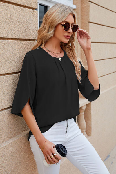 Blue Zone Planet |  Round Neck Slit Half Sleeve Top BLUE ZONE PLANET