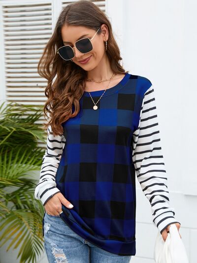 Plaid Striped Round Neck Long Sleeve T-Shirt-TOPS / DRESSES-[Adult]-[Female]-Cobald Blue-S-2022 Online Blue Zone Planet