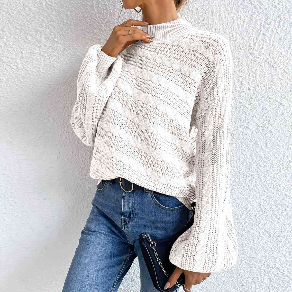 Cable-Knit Mock Neck  Long Sleeve Sweater BLUE ZONE PLANET