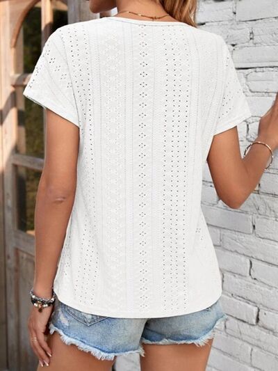 Eyelet V-Neck Short Sleeve T-Shirt Trendsi