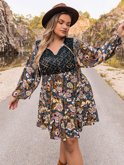 Plus Size Floral Tie Neck Balloon Sleeve Mini Dress BLUE ZONE PLANET