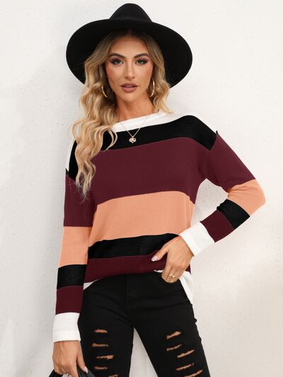 Striped Round Neck Dropped Shoulder Sweater BLUE ZONE PLANET