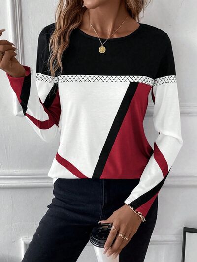 Contrast Round Neck Long Sleeve T-Shirt Trendsi