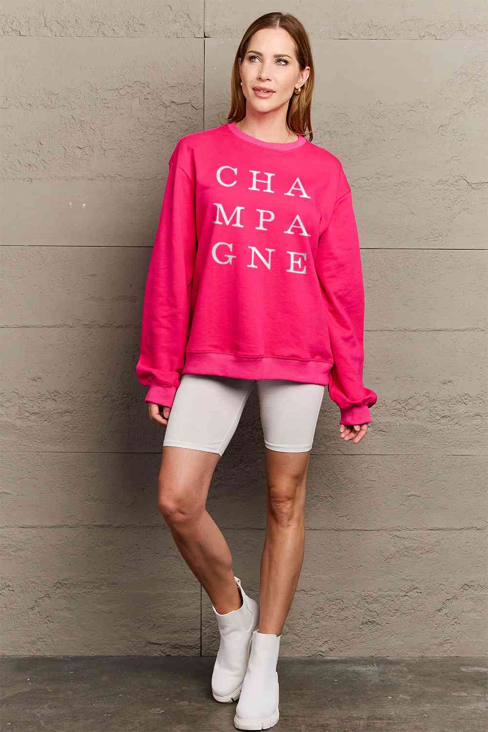 Simply Love Full Size CHAMPAGNE Graphic Long Sleeve Sweatshirt BLUE ZONE PLANET