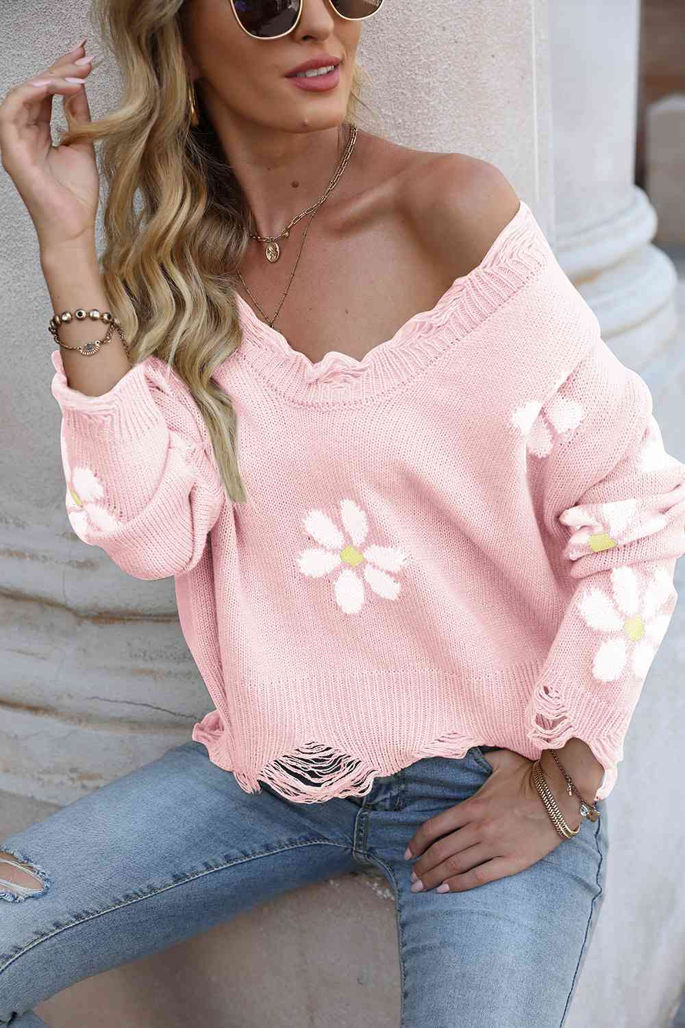 Flower Distressed Long Sleeve Sweater BLUE ZONE PLANET