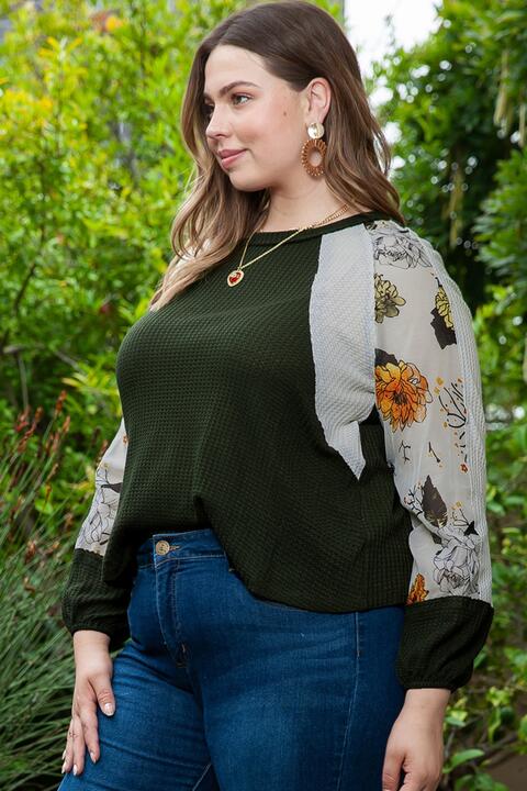 Plus Size Floral Waffle-Knit Round Neck Blouse BLUE ZONE PLANET