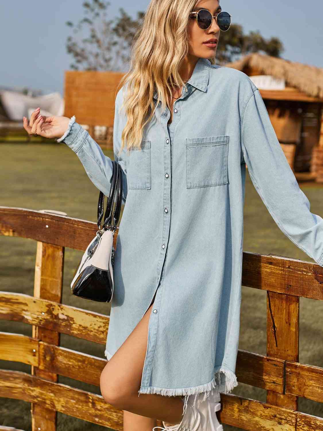 Button Up Collared Neck Raw Hem Denim Dress BLUE ZONE PLANET