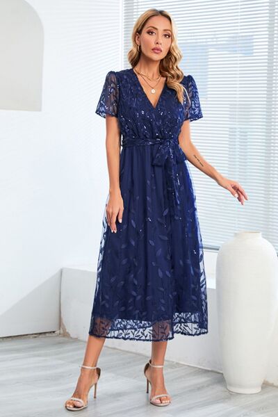 Blue Zone Planet |  Sequin Leaf Embroidery Tie Front Short Sleeve Dress BLUE ZONE PLANET