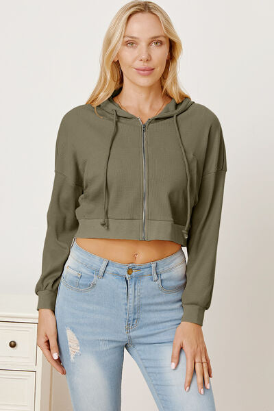 Waffle-Knit Drawstring Zip Up Hoodie Trendsi