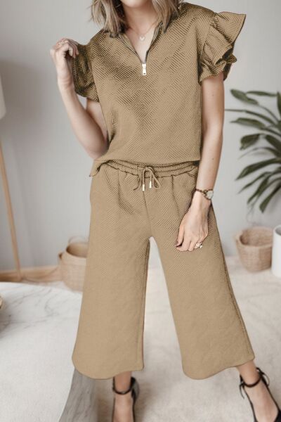 Ruffled Quarter Zip Top and Drawstring Pants Set Trendsi