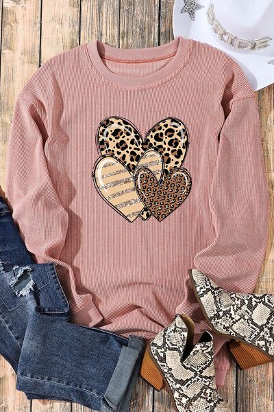 Heart Ribbed Round Neck Sweatshirt BLUE ZONE PLANET