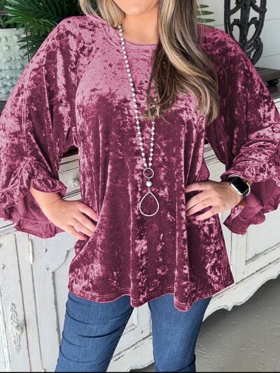 Round Neck Flounce Sleeve T-Shirt-TOPS / DRESSES-[Adult]-[Female]-Magenta-S-2022 Online Blue Zone Planet