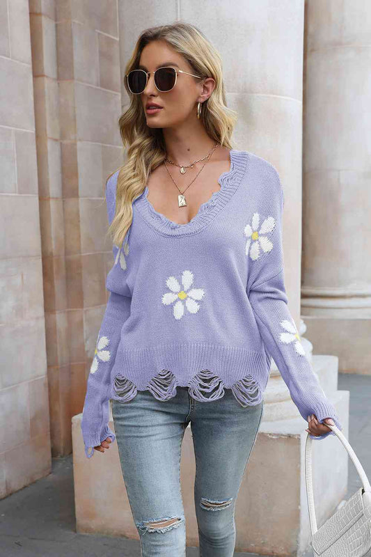 Flower Distressed Long Sleeve Sweater BLUE ZONE PLANET