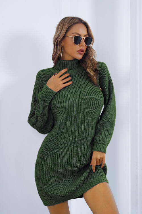 Buttoned Turtleneck Long Sleeve Sweater Dress BLUE ZONE PLANET