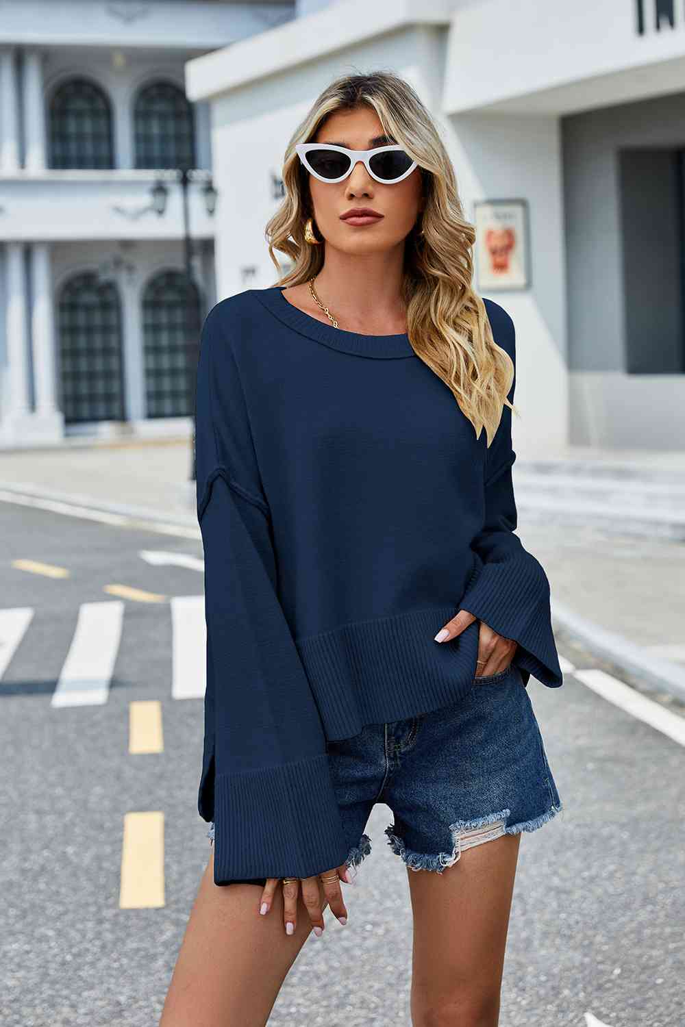 Round Neck Dropped Shoulder Slit Sweater BLUE ZONE PLANET