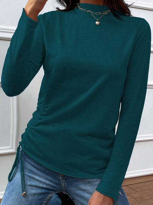 Drawstring Mock Neck Long Sleeve T-Shirt BLUE ZONE PLANET