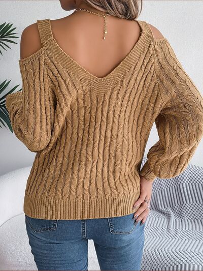 Cable-Knit Cold Shoulder Long Sleeve Sweater BLUE ZONE PLANET