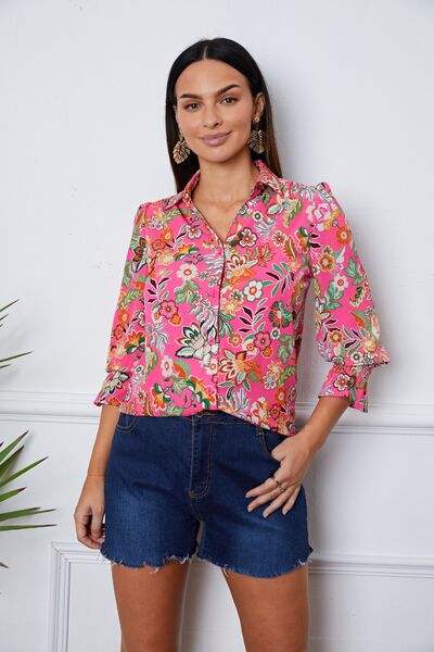 Floral Button Up Flounce Sleeve Shirt Trendsi