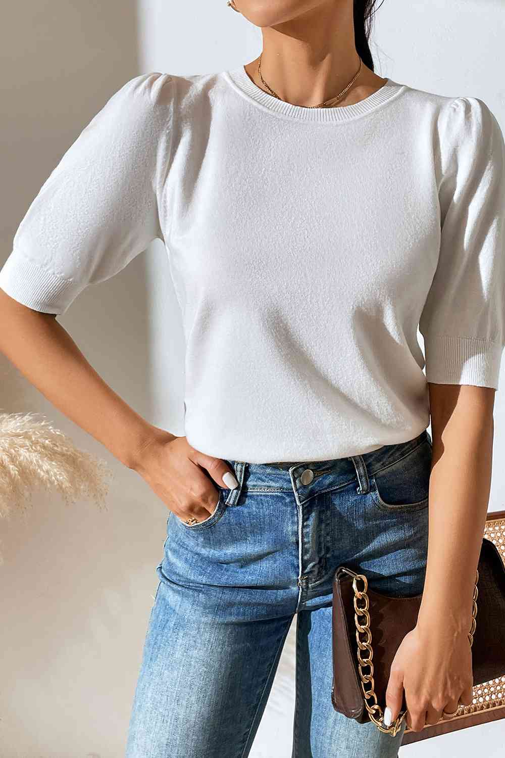 Round Neck Puff Sleeve Knit Top BLUE ZONE PLANET