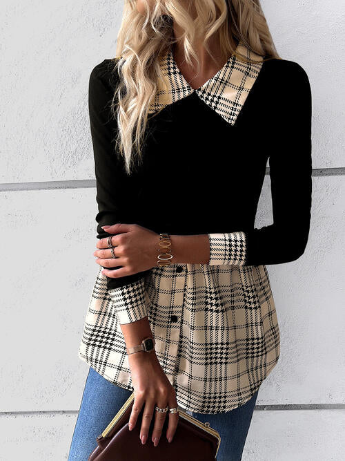 Houndstooth Collared Neck Long Sleeve Shirt BLUE ZONE PLANET