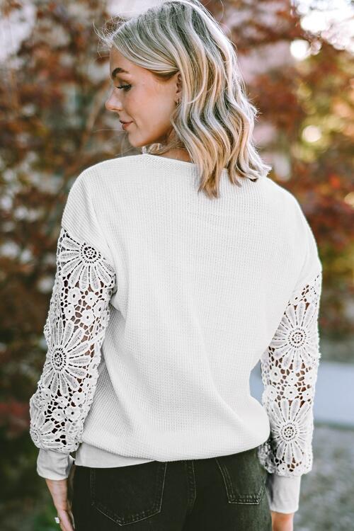 V-Neck Crochet Long Sleeve Blouse BLUE ZONE PLANET