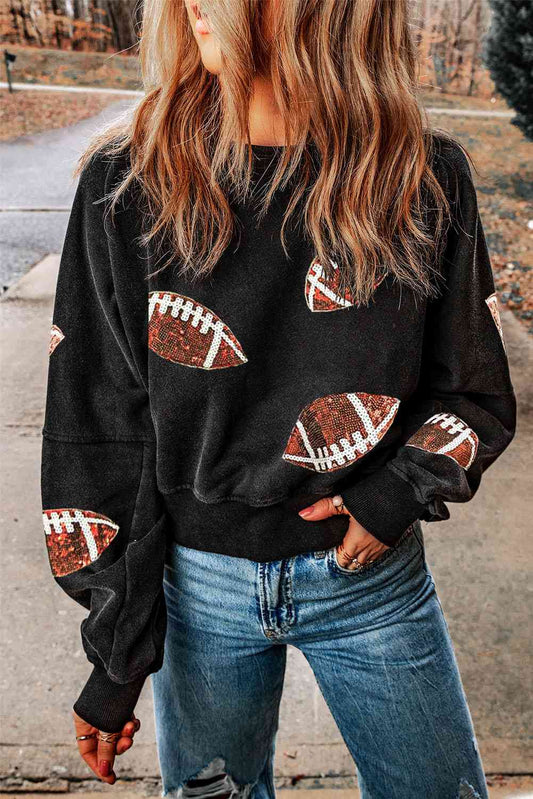 Sequin Football Patch Open Back Sweatshirt BLUE ZONE PLANET