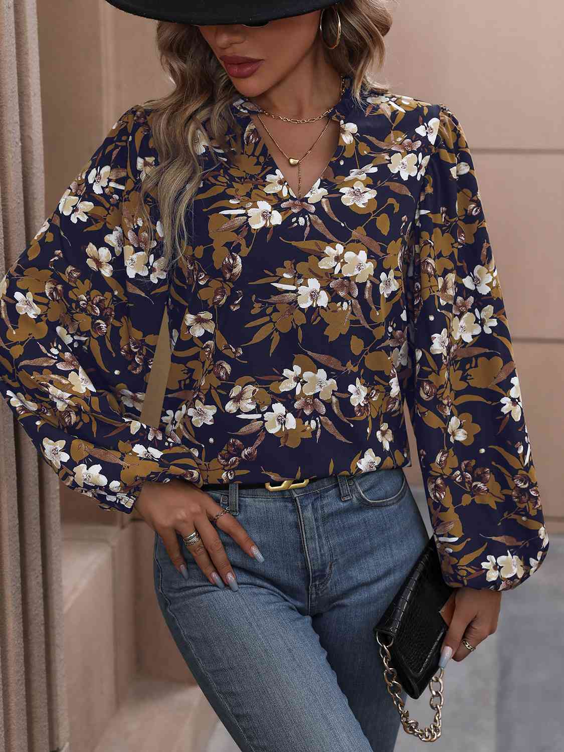 Floral Notched Balloon Sleeve Blouse BLUE ZONE PLANET