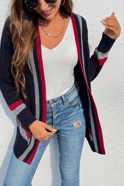 Open Front Striped Long Sleeve Cardigan BLUE ZONE PLANET