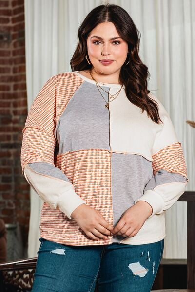 Plus Size Exposed Seam Color Block Round Neck Sweatshirt Trendsi