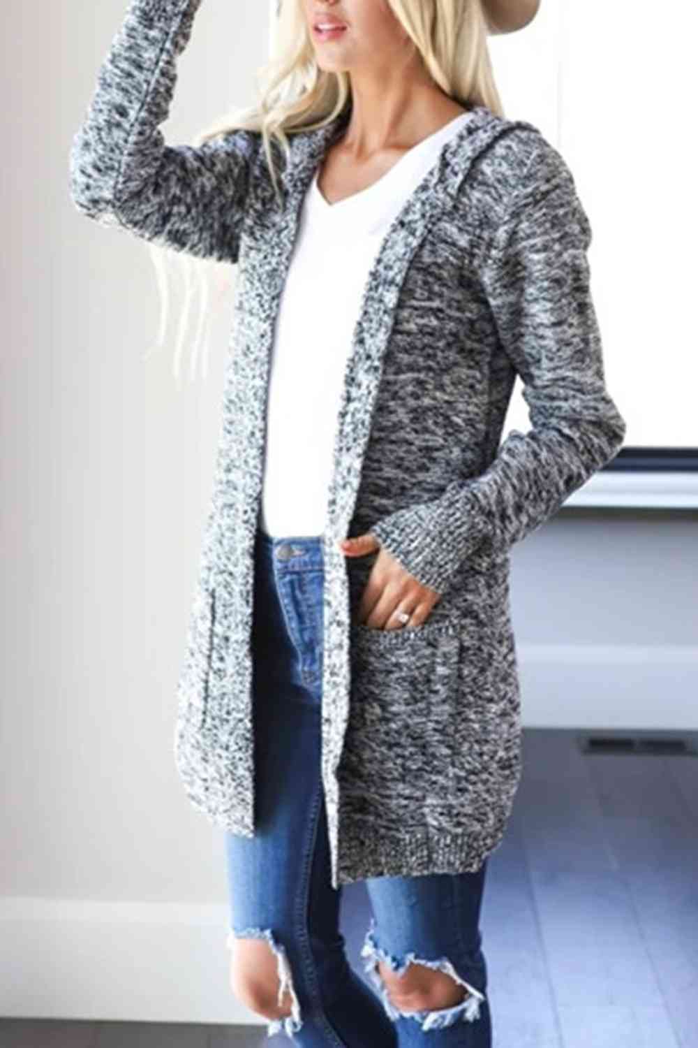 Heathered Open Front Cardigan with Pockets BLUE ZONE PLANET