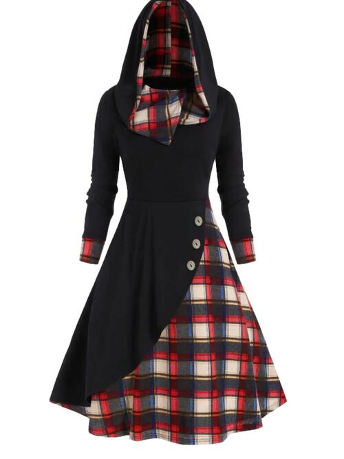 Plus Size Plaid Buttoned Long Sleeve Hooded Dress BLUE ZONE PLANET