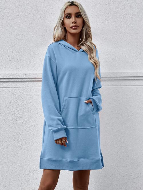 Slit Long Sleeve Hooded Dress with Pocket BLUE ZONE PLANET