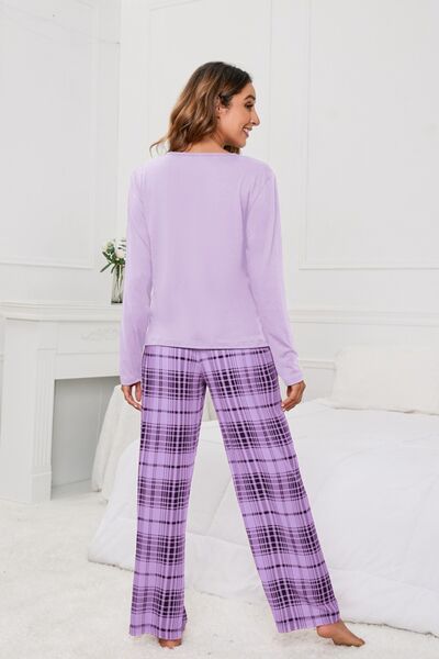 Blue Zone Planet |  Round Neck Long Sleeve Top and Bow Plaid Pants Lounge Set BLUE ZONE PLANET