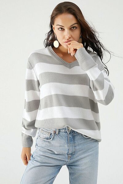 Leopard V-Neck Long Sleeve Sweater-TOPS / DRESSES-[Adult]-[Female]-Heather Gray-S-2022 Online Blue Zone Planet