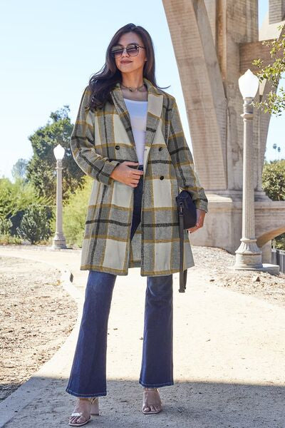 Double Take Full Size Plaid Button Up Lapel Collar Coat BLUE ZONE PLANET