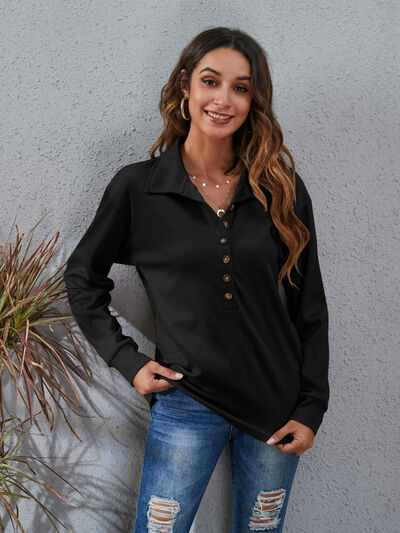 Half Button Dropped Shoulder Blouse Trendsi