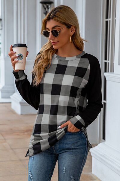 Plaid Round Neck Long Sleeve T-Shirt-TOPS / DRESSES-[Adult]-[Female]-2022 Online Blue Zone Planet