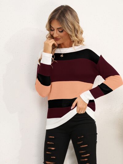 Striped Round Neck Dropped Shoulder Sweater BLUE ZONE PLANET