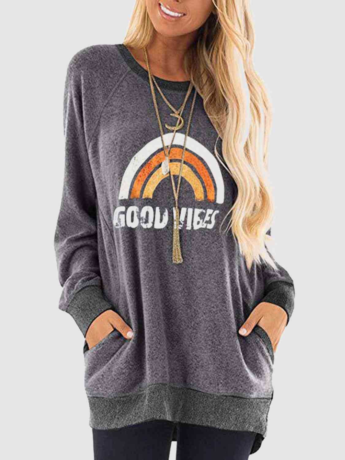 Rainbow Graphic Round Neck Sweatshirt with Pockets BLUE ZONE PLANET