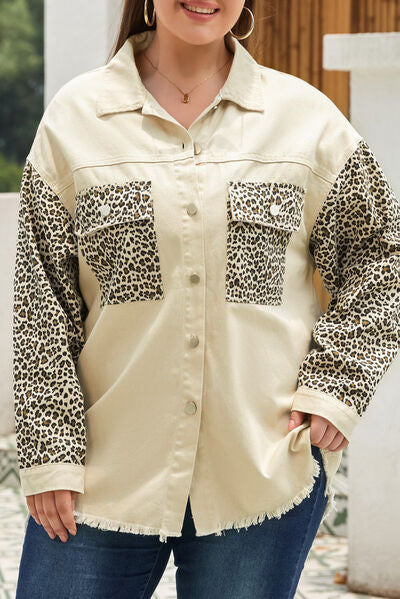 Plus Size Leopard Button Up Raw Hem Denim Jacket BLUE ZONE PLANET