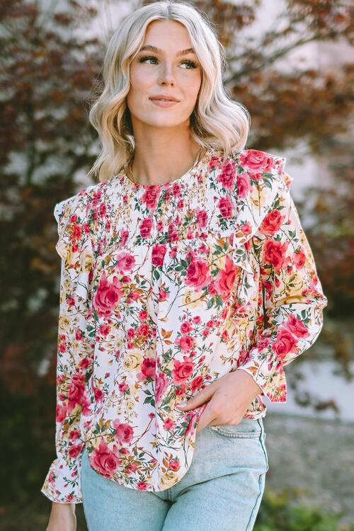 Floral Round Neck Smocked Blouse BLUE ZONE PLANET