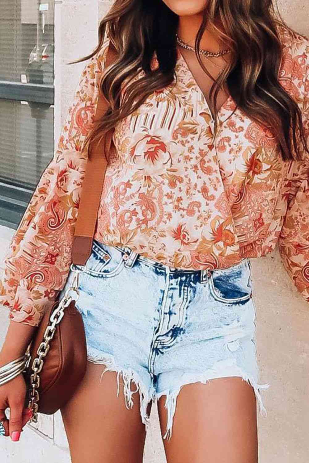 Floral Surplice Flare Sleeve Bodysuit BLUE ZONE PLANET