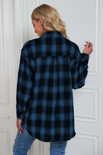 Plaid Button Up Dropped Shoulder Outerwear BLUE ZONE PLANET