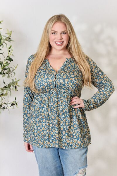 Blue Zone Planet |  Heimish Full Size Floral Half Button Long Sleeve Blouse BLUE ZONE PLANET