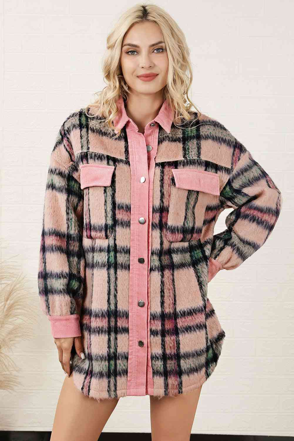 Plaid Button Down Drop Shoulder Jacket BLUE ZONE PLANET