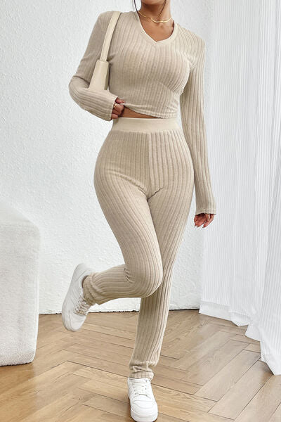 Ribbed V-Neck Long Sleeve Cropped Top and Pants Set Trendsi