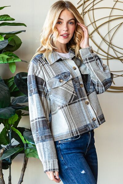 Reborn J Plaid Button Up Long Sleeve Shacket BLUE ZONE PLANET