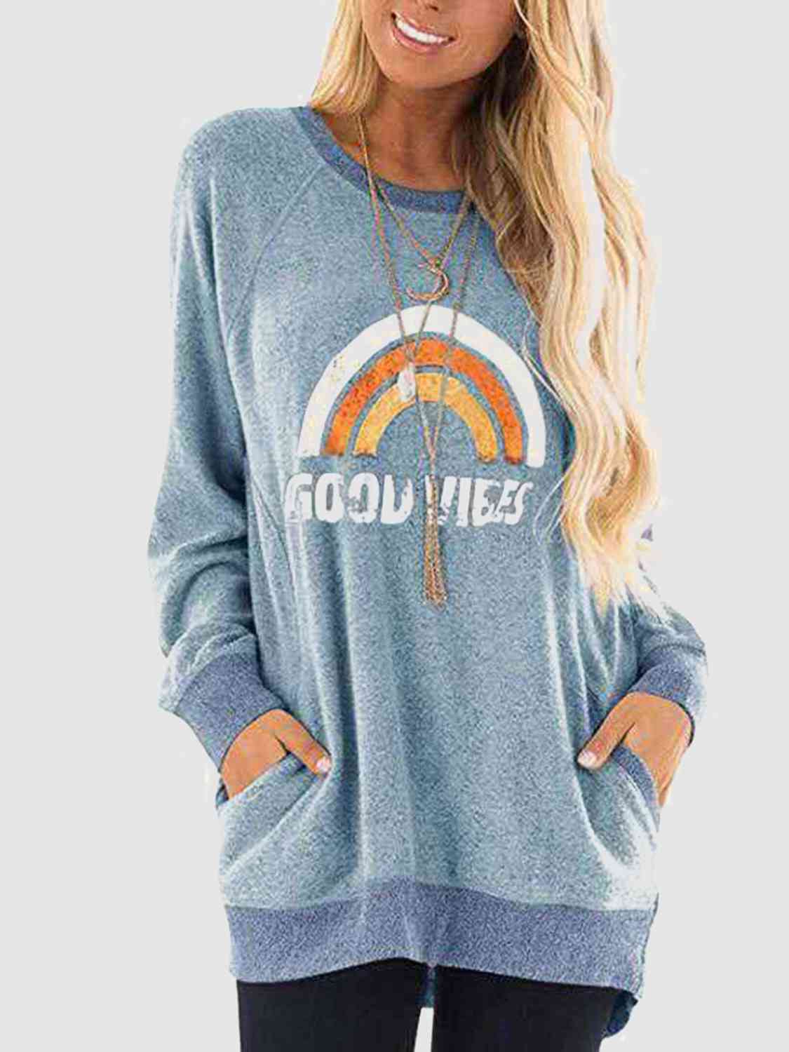 Rainbow Graphic Round Neck Sweatshirt with Pockets BLUE ZONE PLANET