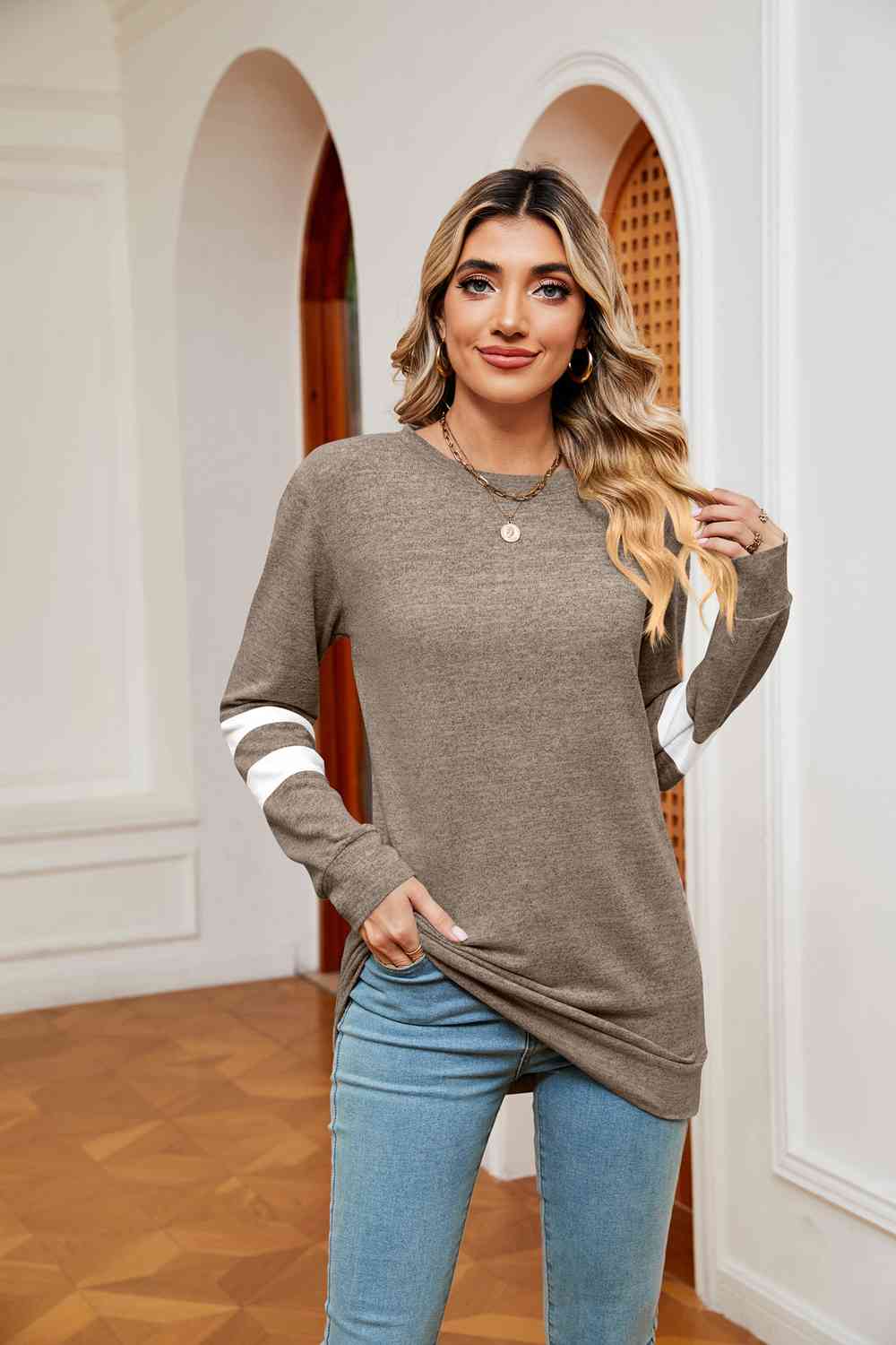 Round Neck Long Sleeve Top BLUE ZONE PLANET